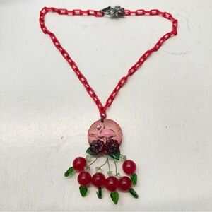 Lily Ashly Artisan Bakelite Flamingo Button Czech Fruit Plastic Link Necklace